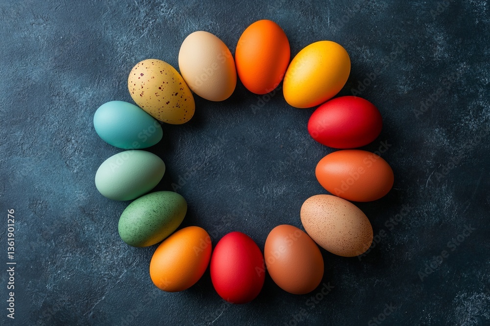 Poster colorful decorated eggs arranged in a circular pattern on a dark surface for a festive spring celebr