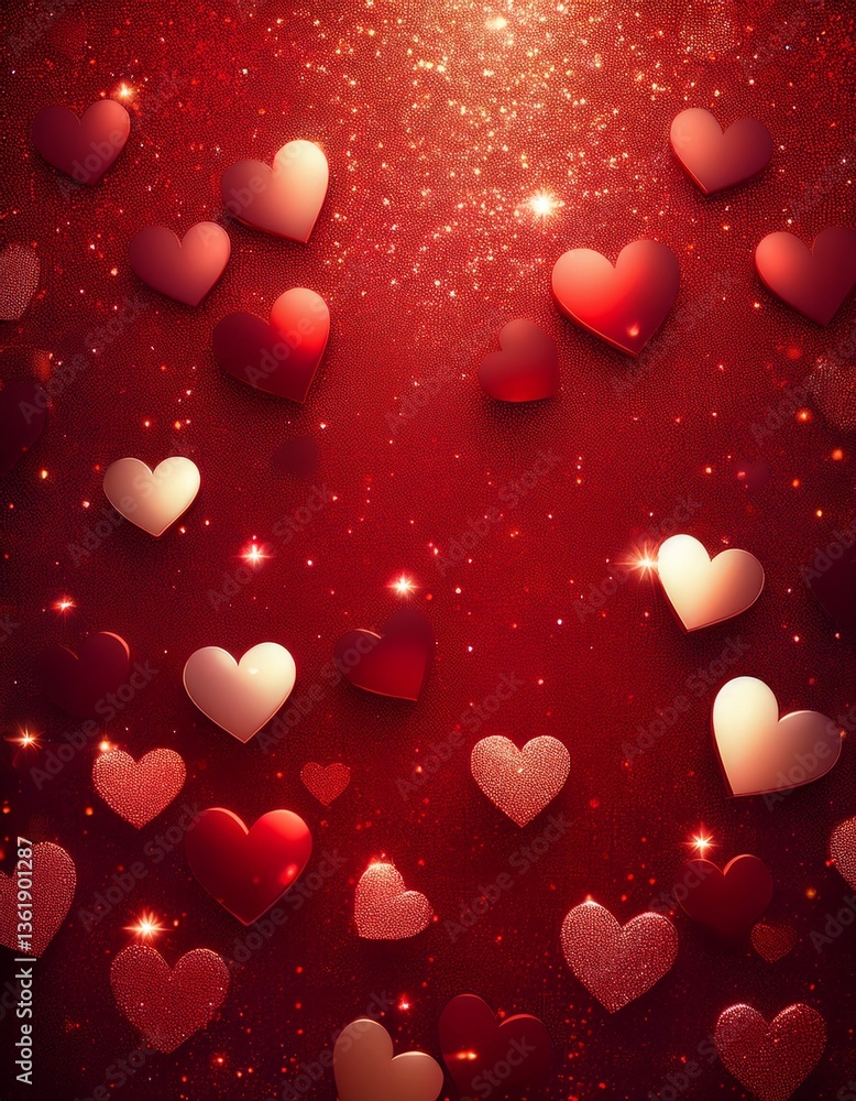 Poster sparkling deep red glitter background with hearts. generated image