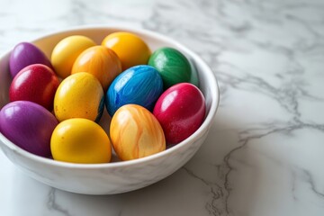 Colorful decorated eggs in a white bowl on a marble surface during festive season