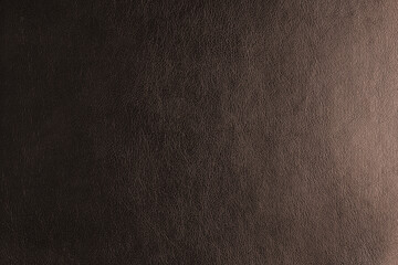 Glossy structure of genuine leather with gradient lighting effect, natural skin surface with embossing pattern. Artifical brown colored leatharette macro texture. Background, wallpaper, backdrop.