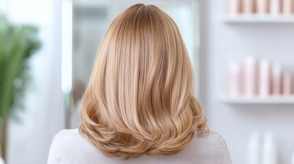 Woman with Healthy Light Brown Wavy Hair in Salon Setting