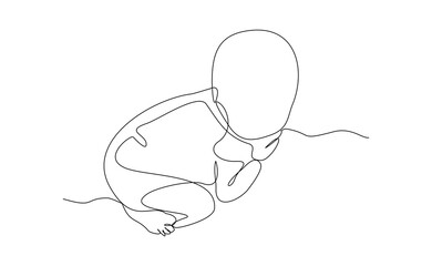 Continuous single line of cute new born baby sleeping and lying on bed. Kid childhood sketch drawing editable stroke vector illustration