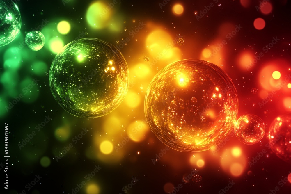 Poster colorful abstract bubbles floating in a cosmic backdrop with shimmering lights in shades of green, y