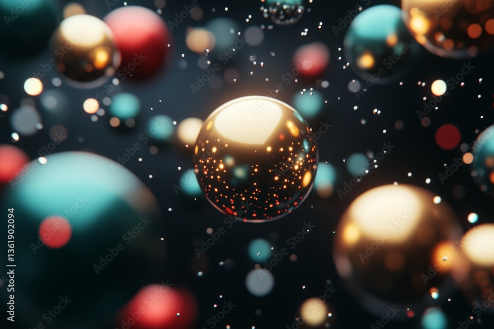Poster Colorful spheres float in a dark space adorned with glowing particles creating a mesmerizing cosmic effect