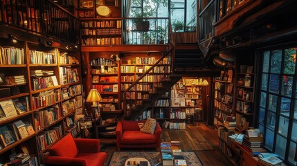 An inviting and warm interior of a cozy bookstore space