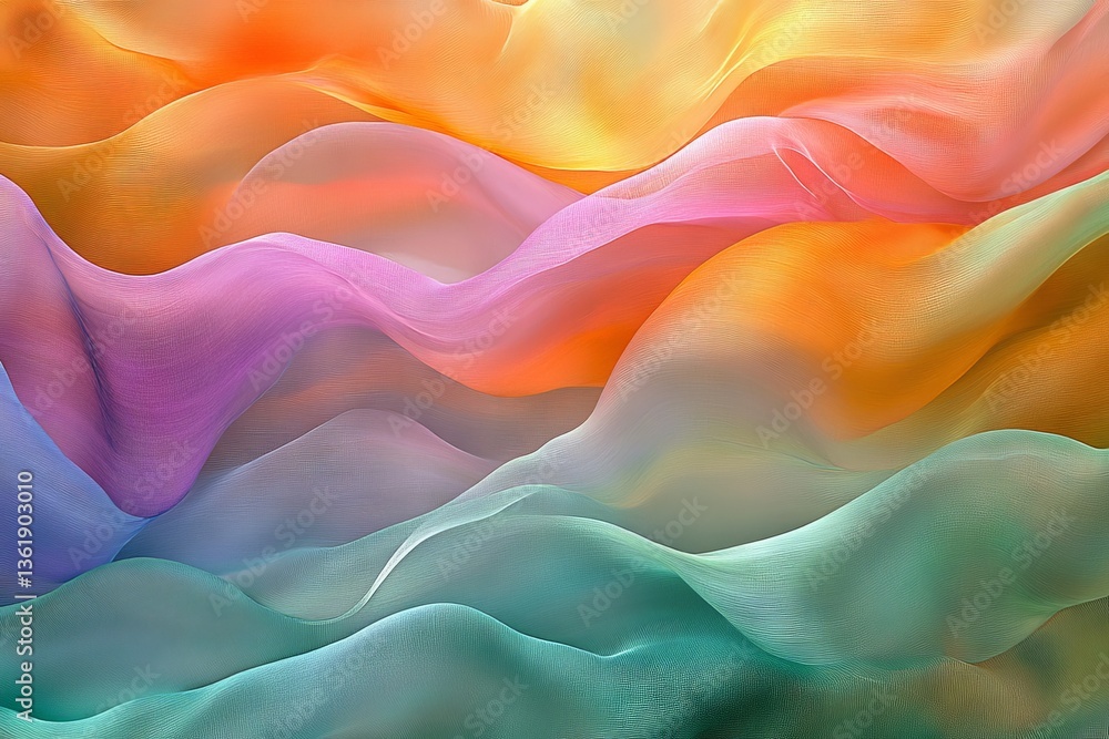 Poster Colorful flowing fabric waves create a harmonious abstract composition in bright hues and soft textures
