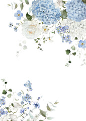 Watercolor blue white green floral illustration. Hydrangea myosotis frame template. Wedding invitation, greeting, wallpapers, prints, fashion, background. Eucalyptus, olive, leaves, ivy, rose, peony. © Veris Studio