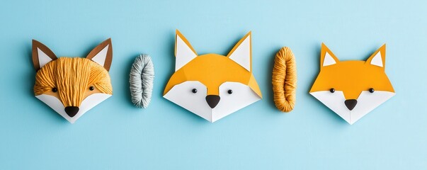 kids art craft and collage concept. Colorful paper fox heads arranged on a blue background.