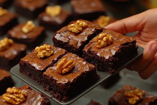 A tempting tray of homemade chocolate brownies topped with walnuts being held by a hand, showcasing the rich and delicious texture of this classic dessert.