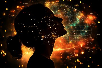 A silhouette of a woman contemplating cosmic data networks