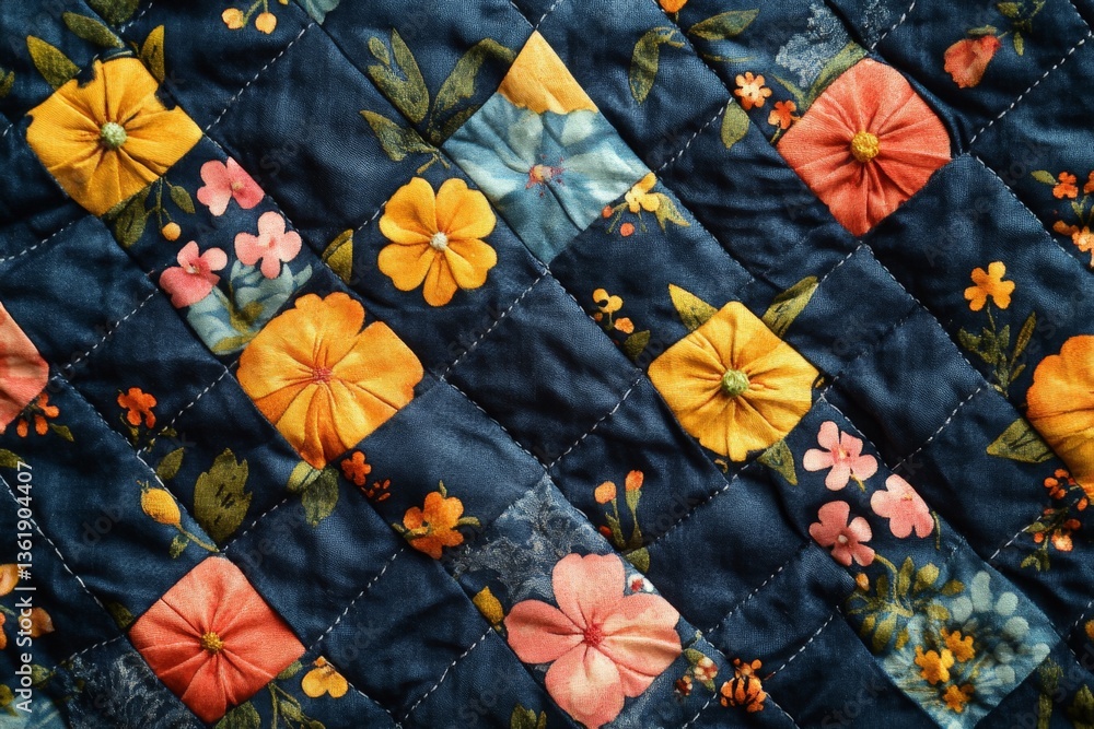 Poster colorful floral quilt with vibrant patterns displayed on a textured background
