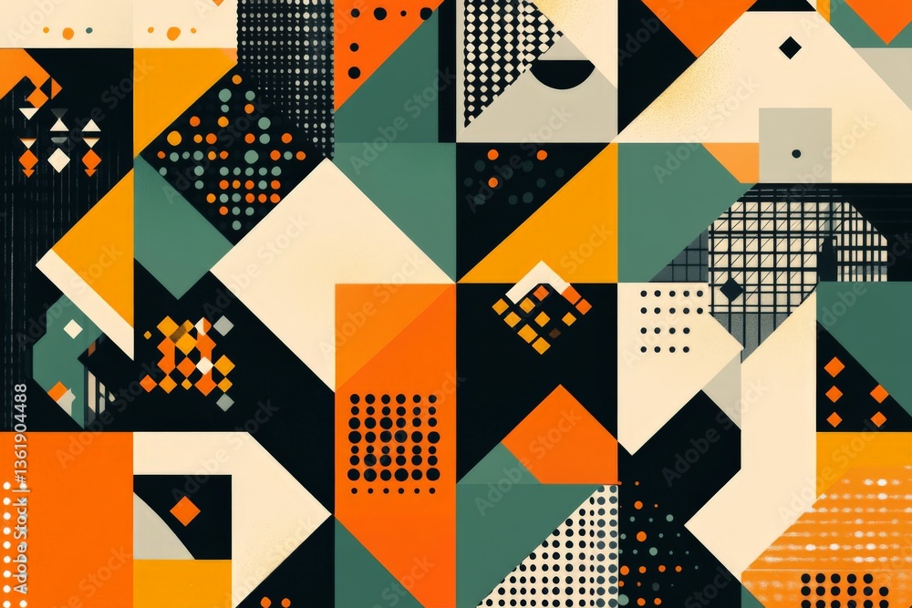 Poster Colorful abstract geometric design featuring various shapes and patterns in orange, black, and green tones creating a dynamic visual composition