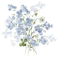 Watercolor floral bouquet. Hydrangea myosotis rose peony blue white flowers, green leaves branches collection. Wedding invitations, greeting card, wallpaper, fashion, prints, fashion, templates. © Veris Studio