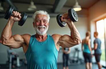 Obraz na płótnie Canvas Happy elderly man lifts dumbbells in gym. Active senior showing strength, vitality. Fitness over 60 years old. Healthy lifestyle, body building. Well-being, motivation. Focus on health, active aging.