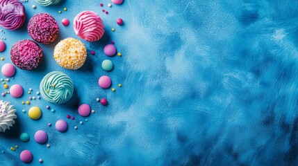 Colorful Easter eggs and sweets on blue festive background