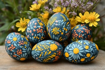 Beautifully decorated easter eggs surrounded by wildflowers in a natural setting during springtime