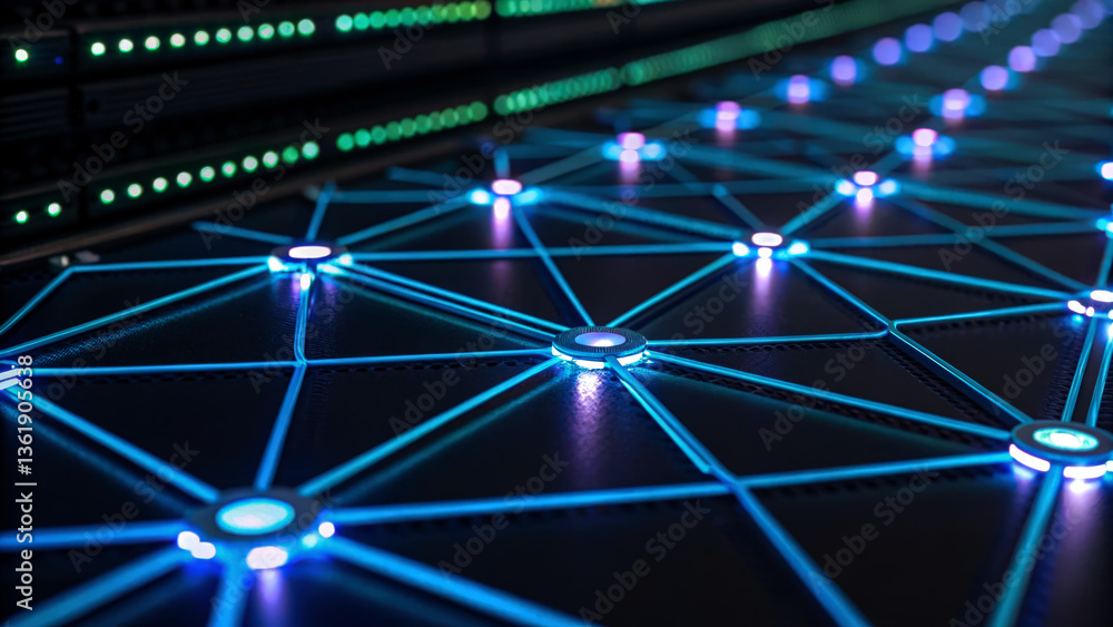 Poster a close-up view of a high-tech, illuminated surface featuring a geometric pattern with glowing blue 