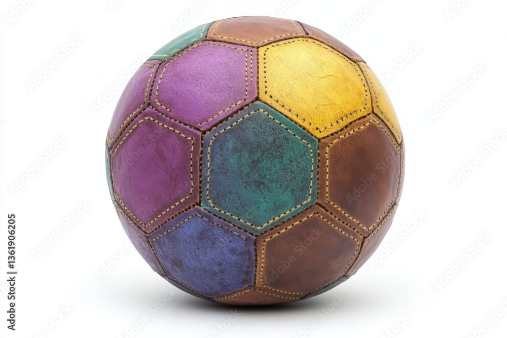 Poster colorful hexagonal soccer ball resting on a plain white background with vibrant patterns and stitchi