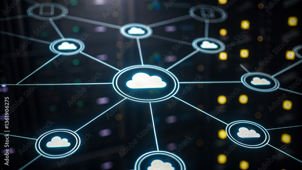 Poster a digital network representation featuring interconnected cloud icons, symbolizing cloud computing a