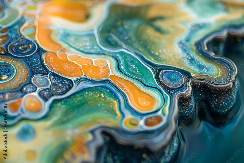 Poster colorful abstract art resembling fluid patterns in shades of blue, orange, and green created with re