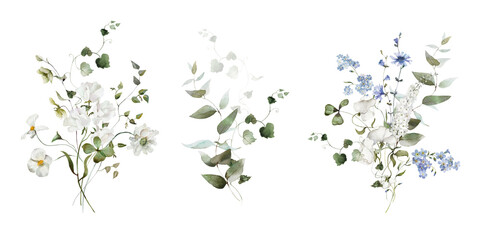 Watercolor floral bouquet illustration set. Hydrangea myosotis blue white flowers, green leaves branches collection. Wedding invitations, greeting card, wallpaper, fashion, prints, fashion, templates.