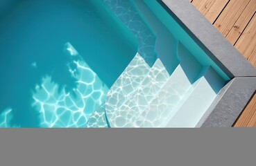 Swimming pool entrance steps with clean blue water on bright summer day. Wooden flooring deck, resort hotel spa area. New modern design, relaxation, vacations, holidays, luxury lifestyle. Sunny scene.