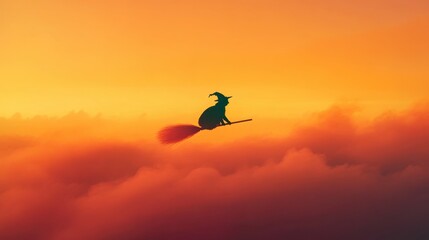 Fototapeta premium Witch on Broomstick Silhouette Against Colorful Sunset Sky with Dramatic Clouds and Warm Tones for Enchanting Halloween Concepts