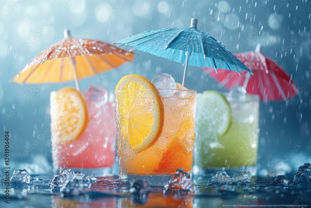 Poster colorful drinks with umbrellas and citrus slices during a refreshing rain shower at a summer party
