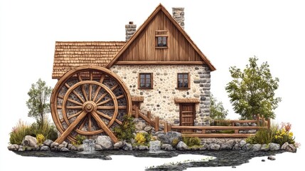 Obraz premium A picturesque watermill surrounded by lush greenery, with a serene pond reflecting the idyllic countryside