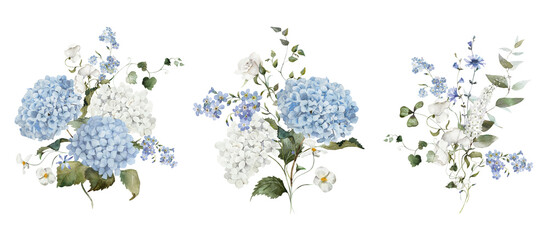 Watercolor floral bouquet illustration set. Hydrangea myosotis rose peony blue white flowers, green leaves branches collection. Wedding invitations, wallpaper, fashion, prints, fashion, templates.