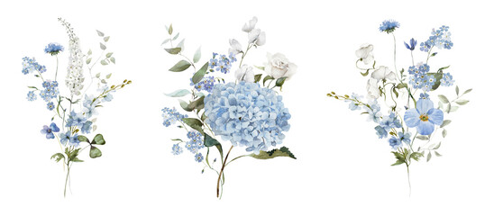 Watercolor floral bouquet illustration set. Hydrangea myosotis rose peony blue white flowers, green leaves branches collection. Wedding invitations, wallpaper, fashion, prints, fashion, templates. © Veris Studio