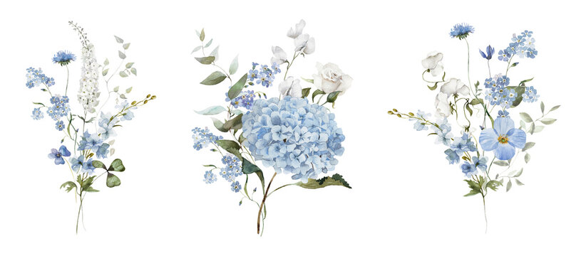 Watercolor floral bouquet illustration set. Hydrangea myosotis rose peony blue white flowers, green leaves branches collection. Wedding invitations, wallpaper, fashion, prints, fashion, templates.