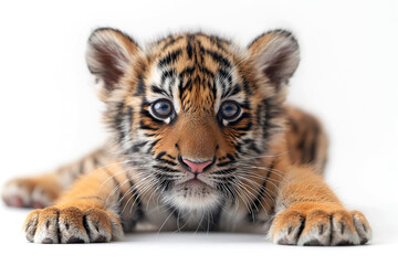 Obraz premium Adorable Bengal tiger cub with striking blue eyes, exploring its surroundings with curiosity and playfulness.