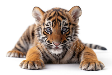 Obraz premium A young, playful tiger cub with striking blue eyes and a soft, furry coat against a white background.