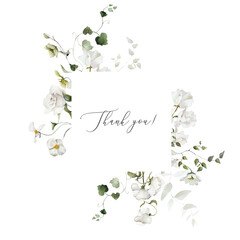 Watercolor white green floral illustration. Hydrangea myosotis frame template. Wedding invitation, greeting, wallpapers, prints, fashion, background. Eucalyptus, olive, leaves, ivy, rose, peony. 