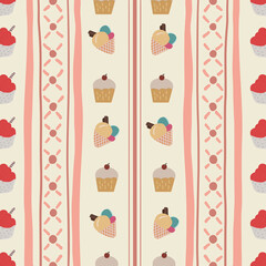 Pattern with cupcakes, ice cream cones, and stripes. Whimsical design with a retro feel.