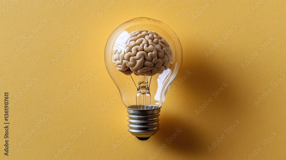 Poster conceptual image of a light bulb with a brain inside, symbolizing creativity and innovative ideas on