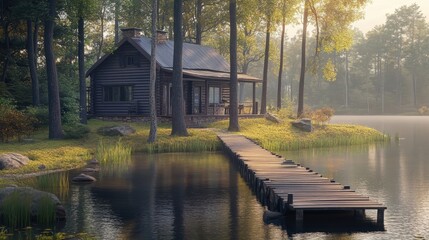 Fototapeta premium Serene lakeside cabin surrounded by trees at sunrise with calm waters
