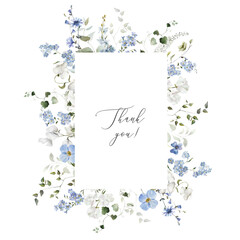 Watercolor blue white green floral illustration. Hydrangea myosotis frame template. Wedding invitation, greeting, wallpapers, prints, fashion, background. Eucalyptus, olive, leaves, ivy, rose, peony.  © Veris Studio