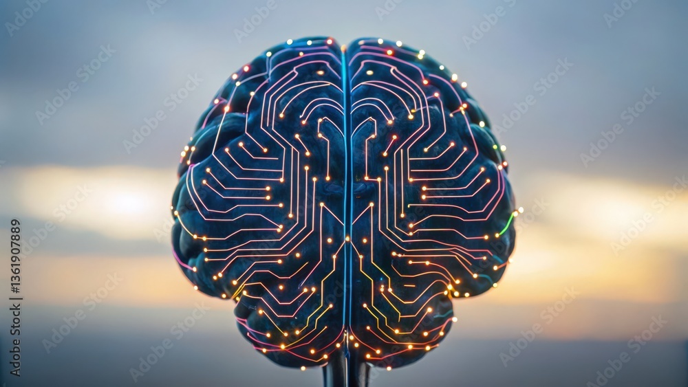 Poster a futuristic representation of a brain, integrated with circuits and lights, symbolizing the fusion 