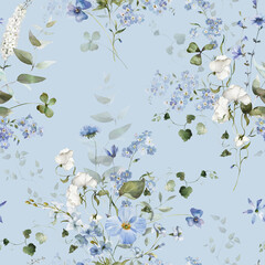 Seamless watercolor floral pattern. Hydrangea, myosotis, rose, peony. Blue green white flowers, leaves on blue background. Fashion, fabric, wrappers, wallpapers, prints, wedding invitations. © Veris Studio