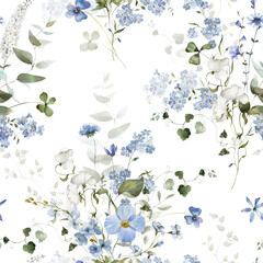 Seamless watercolor floral pattern. Hydrangea, myosotis, rose, peony. Blue green white flowers, leaves on white background. Fashion, fabric, wrappers, wallpapers, prints, wedding invitations. © Veris Studio