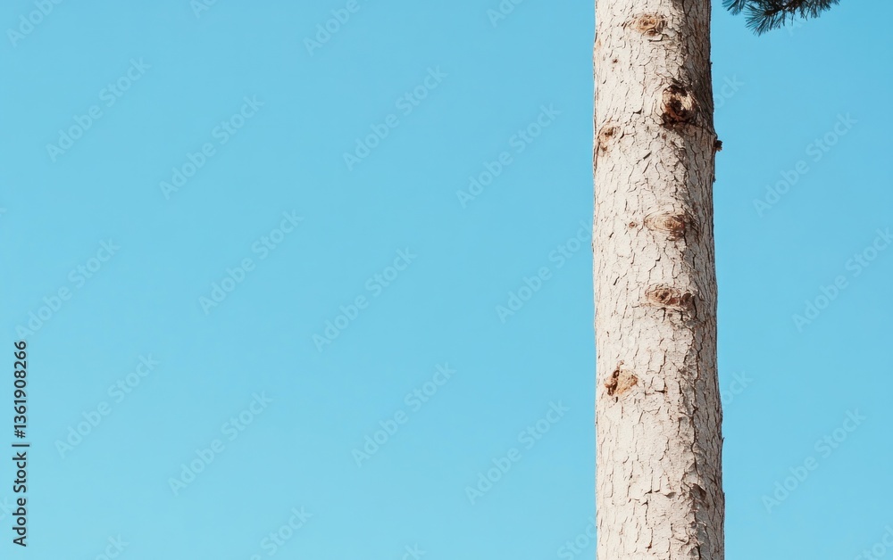 Poster close-up view of a light beige tree trunk against a vibrant blue sky. the image features a minimalis