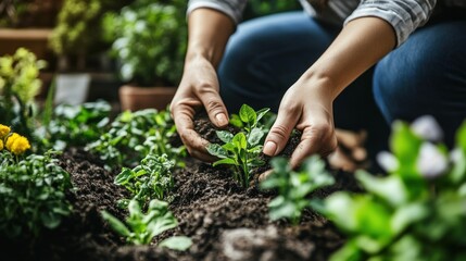 Planting seedlings: A gardener's hands gently place a young plant into the rich soil of a vibrant garden bed.  The scene exudes a sense of growth and renewal.