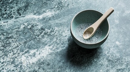 Ceramic bowl with spoon on marble textured surface