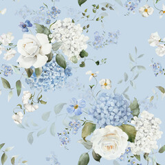 Seamless watercolor floral pattern. Hydrangea, myosotis, rose, peony. Blue green white flowers, leaves on blue background. Fashion, fabric, wrappers, wallpapers, prints, wedding invitations. © Veris Studio