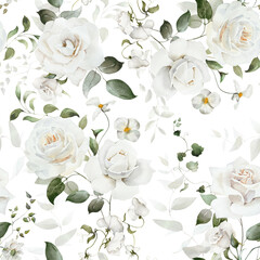 Seamless watercolor floral pattern. Hydrangea, myosotis, rose, peony. White flowers, green leaves on white background. Fashion, fabric, wrappers, wallpapers, prints, wedding invitations. © Veris Studio