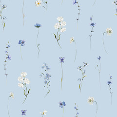 Seamless watercolor floral pattern. Blue green white flowers, leaves on blue background. Fashion, fabric, wrappers, wallpapers, postcards, greeting cards, wedding invitations, romantic events. © Veris Studio