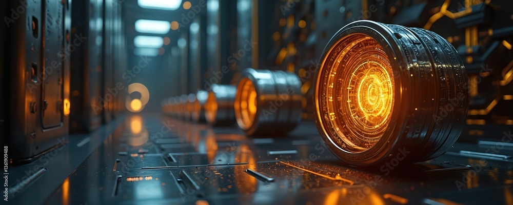 Poster futuristic quantum computer core glowing inside high-tech facility. complex processing machinery, ad