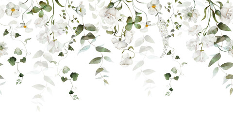 Seamless watercolor floral border. Hydrangea, myosotis, rose, peony. White green flowers, leaves on white background. Fashion, fabric, pattern, wallpapers, prints, wedding invitations, clipart. © Veris Studio